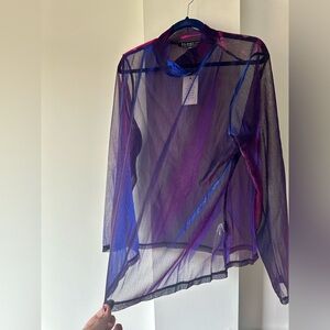 ELOQUII Metallic Purple Sheer Mock Neck Long Sleeve Blouse